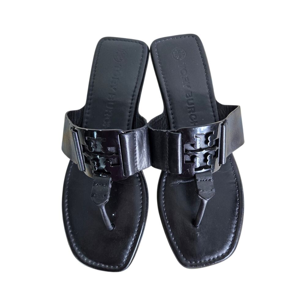 Tory Burch Georgia Sandal Black Thong Square Toe Flats Double T Logo Medallion 9